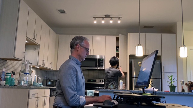 Video Reference: Table, Computer, Cabinetry, Personal computer, Countertop, Desk, Engineering, Computer monitor, Laptop, Kitchen