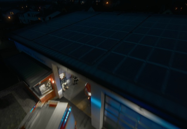 Video Reference: Building, Solar panel, Solar energy, Urban design, Solar power, Space, City, Air travel, Roof, Landscape