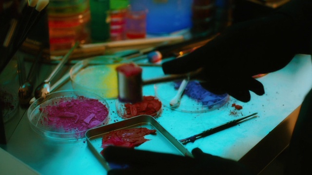 Video Reference: Paint, Table, Paint brush, Surgical instrument, Engineering, Electric blue, Glass, Science, Artist, Art