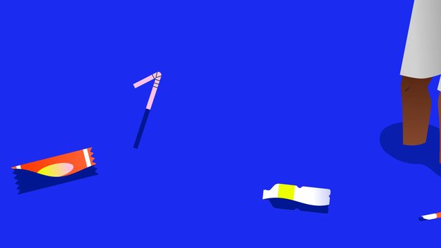 Video Reference: animation, cartoon, blue background, minimalist, partial person, scattered objects, floor, abstract, 2d illustration, simple scene