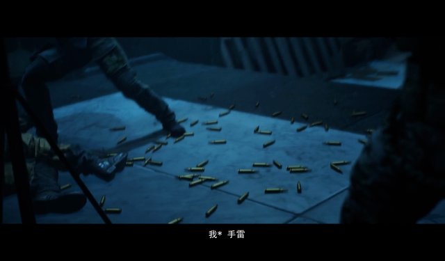 Video Reference: bullet casings, floor, combat, scene, dark, blue lighting, subtitles, war, action, indoor, debris, ammo, tactical, legs, armor