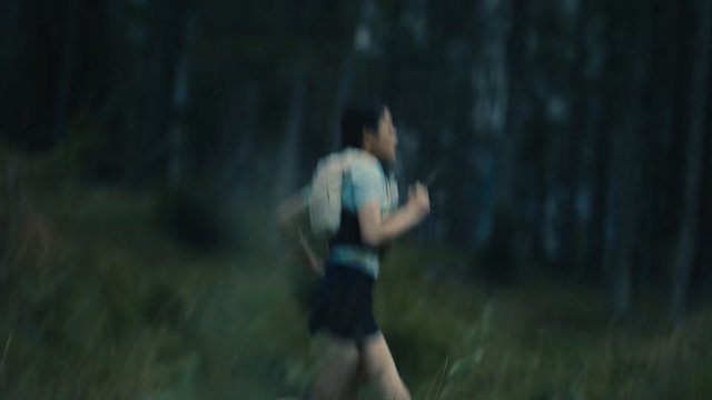 Video Reference: runner, running, outdoors, forest, woods, night, motion blur, athlete, backpack, exercise, trail, fitness, side view, low light