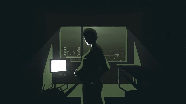 Video Reference: silhouette, person, computer, monitor, dark room, window, city skyline, night, indoor, desk, chair, minimalist, animation, backlit