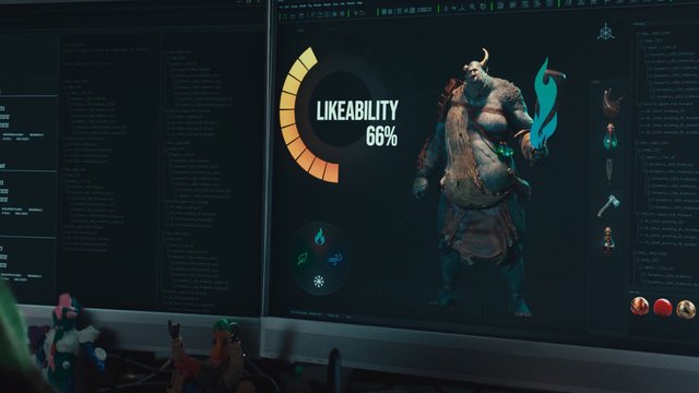Video Reference: 3d model, character design, computer screen, ui, dashboard, game development, digital art, animation, likability score, monitor, software interface, fantasy character, orc, dark screen, technology, rendering