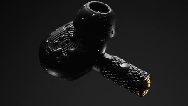 Video Reference: abstract, object, black, studio lighting, close-up, textured, metallic, gold accent, product shot, minimal, dark background, 3d render, futuristic, design, isolated