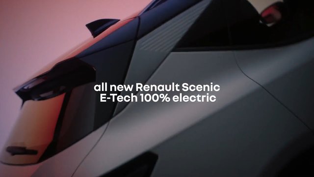 Video Reference: car, concept car, electric vehicle, automotive, promotional, close-up, sleek design, Renault Scenic, text overlay, modern, pink background, dark background, advertisement