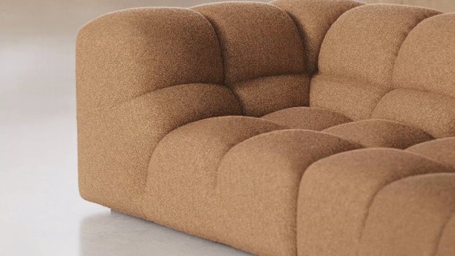 Video Reference: sofa, armchair, furniture, upholstery, beige, tufted, interior, minimal, close-up, home decor, modern, texture, seating, design, empty, studio