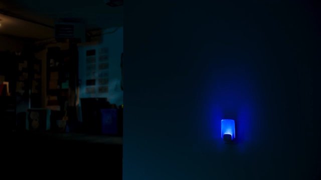 Video Reference: dim interior, blue light, wall sconce, dark room, low light, shadows, indoor, cluttered room, nighttime, ambient light, minimal subject
