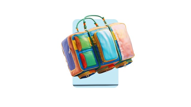 Video Reference: bag, backpack, colorful, multi-pocket, zipper, textile, isolated, white background, product shot, travel bag, storage, fabric, accessories