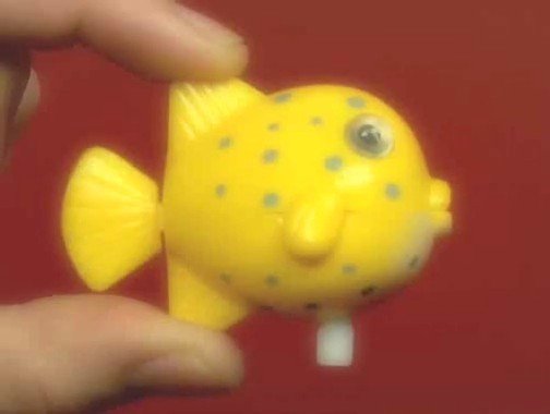 Video Reference: toy, fish, yellow, close-up, handheld, plastic, red background, blurred, small object, children's toy, novelty, marine, figurine