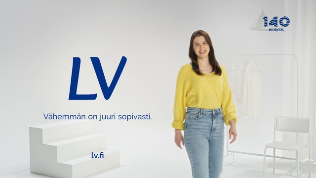 Video Reference: Smile, Sleeve, Waist, Chair, Font, Fashion design, Electric blue, Denim, Advertising, Job