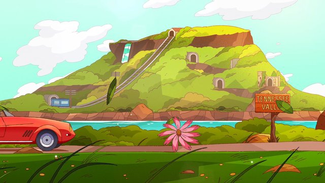 Video Reference: cartoon, landscape, hill, train tracks, tunnel, river, clouds, flowers, car, sign, outdoors, nature, colorful, illustration, animated, travel