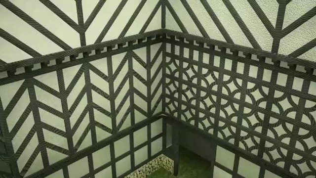 Video Reference: geometric pattern, lattice, wall panels, interior corner, decorative wall, black and white, modern design, abstract pattern, architectural detail, small opening, indoor, textured surface