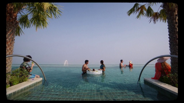Video Reference: Water, Sky, Plant, Azure, Swimming pool, Travel, Dress, Arecales, Leisure, Coastal and oceanic landforms