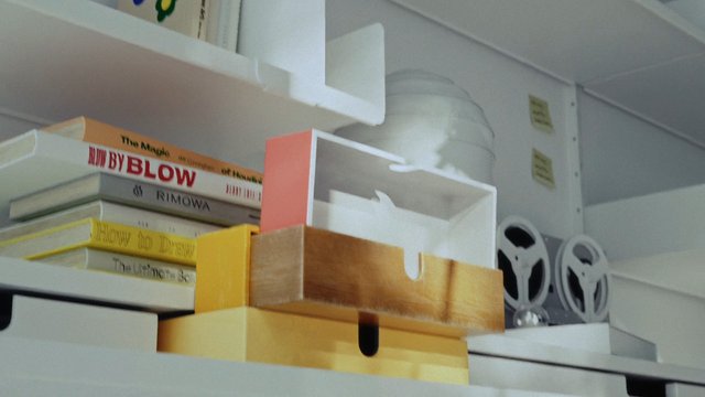 Video Reference: shelf, books, storage boxes, interior, home decor, organization, close-up, white shelves, film reel, stacked items, indoor, cabinet, minimalist, workspace, living space