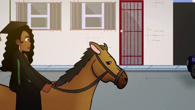 Video Reference: Horse, Window, Gesture, Working animal, Cartoon, Art, Happy, Street fashion, Font, Horse supplies