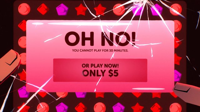 Video Reference: game screen, warning popup, pink dialog, cracked screen, paused game, in-game purchase, timer ban, colorful icons, stars, gems, arcade style, cartoon UI, payment prompt