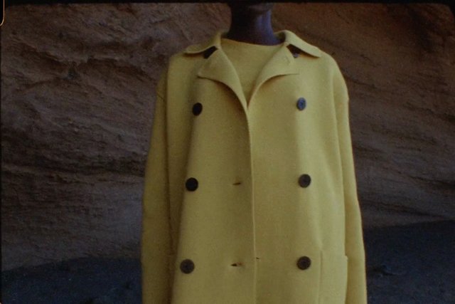 Video Reference: coat, jacket, yellow, double-breasted, clothing, hanging, fashion, fabric, close-up, textured background