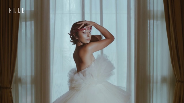 Video Reference: Clothing, Wedding dress, Hand, Shoulder, Bride, Bridal veil, Dress, Flash photography, Gown, Textile