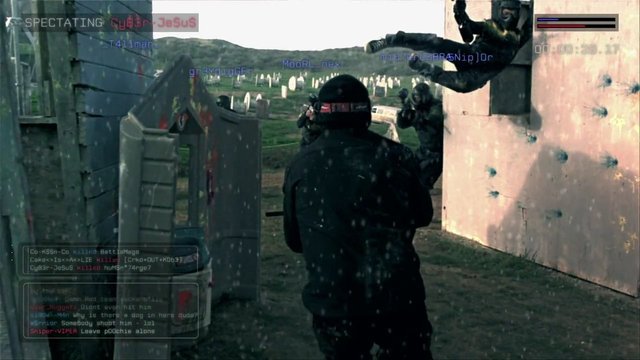 Video Reference: video game, shooter, paintball, tactical, arena, third person, players, HUD, gameplay, multiplayer, combat, outdoor, barriers, graveyard, spectator, action