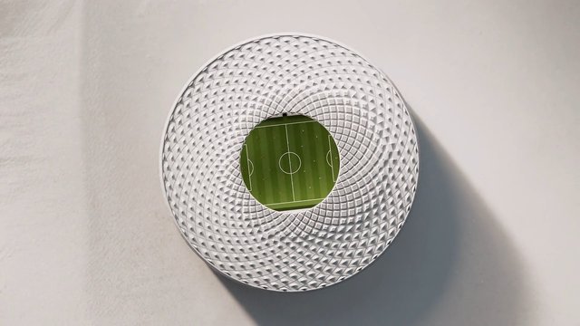 Video Reference: circular, wall art, decorative object, white, patterned, green center, soccer field, sports, minimalist, modern, interior, close-up, shadow, texture