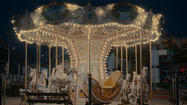 Video Reference: White, Light, Carousel, Recreation, Fun, Decoration, Event, Amusement ride, Art, Horse