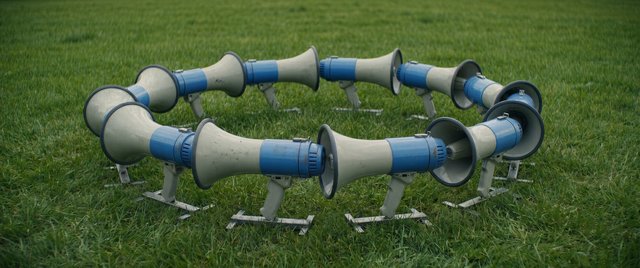 Video Reference: loudspeakers, megaphones, horn speakers, circle, grass, outdoor, equipment, installation, metal, blue, white, audio, amplifier, public address, art object, field