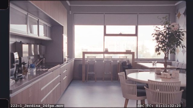 Video Reference: interior, modern, kitchenette, lounge, tables, chairs, windows, cabinetry, minimalist, bright, sunlit, office, breakroom, indoor plants, commercial interior, empty room