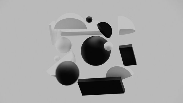 Video Reference: abstract, 3d, geometry, shapes, spheres, circles, blocks, minimal, monochrome, floating, modern, digital art, render, background, design, composition