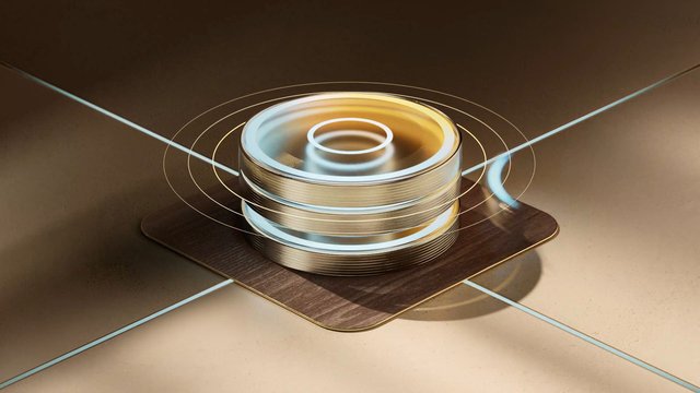Video Reference: abstract, 3d render, metallic, cylinder, glowing rings, futuristic, technology, motion blur, geometric, reflective surface, pedestal, gold, blue light, minimalist, sci-fi, aesthetic