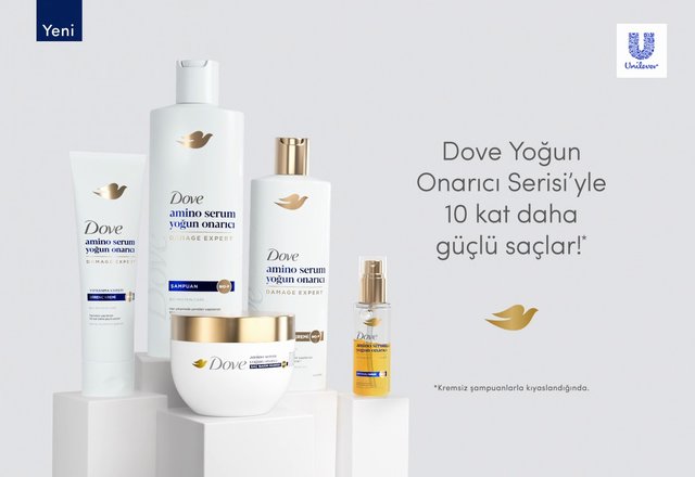 Video Reference: Dove, hair care, shampoo, conditioner, serum, hair mask, product ad, cosmetics, beauty, packaging, white background, turkish text, unilever, brand logo, advertisement