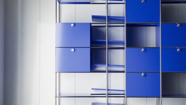 Video Reference: abstract, geometric, blue, metal frame, rectangles, grid, modern, minimalist, shelving, modular, transparent panels, industrial, symmetry, interior, design