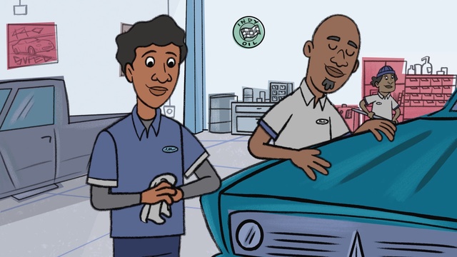 Video Reference: Cartoon, Organ, Motor vehicle, Sharing, Hood, Mode of transport, Gesture, Social group, Line, Community