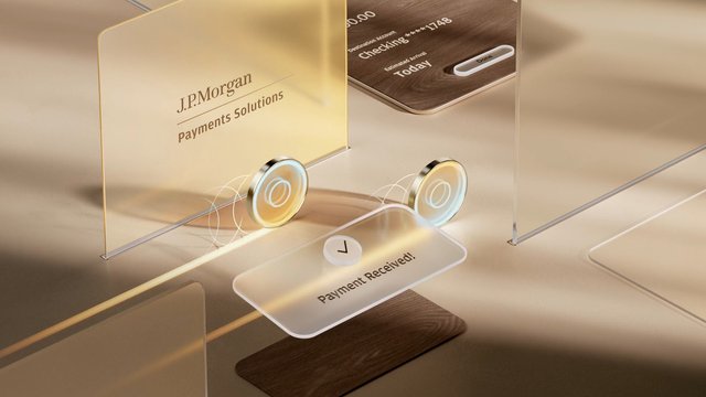 Video Reference: digital payment, banking, financial technology, 3D render, user interface, payment received, banking app, translucent panels, modern design, fintech, J.P. Morgan, checkout, transaction, mobile interface, wood texture, technology