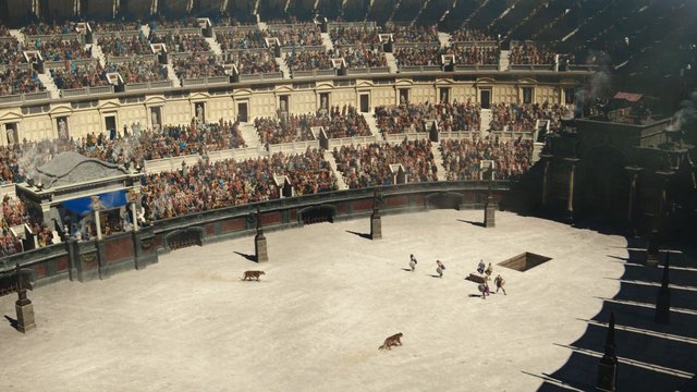 Video Reference: arena, stadium, crowd, spectators, colosseum, sand, battle, big cats, lions, ancient, amphitheater, performance, crowd scene, historical, outdoor, movie scene