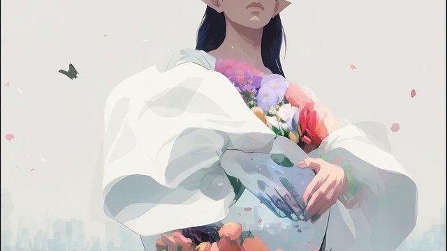 Video Reference: illustration, anime, woman, bouquet, flowers, petals, white dress, sky, cityscape, portrait, pastel, fantasy, garden, artwork