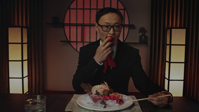 Video Reference: Glasses, Food, Table, Tableware, Vision care, Tie, Plate, Dishware, Ingredient, Cake