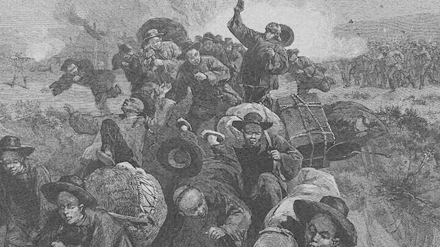 Video Reference: Organism, Headgear, Art, Motor vehicle, Soldier, Military organization, Illustration, Monochrome, Painting, Event