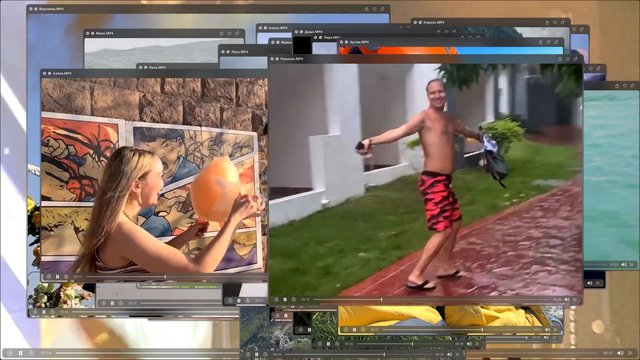Video Reference: desktop, video windows, screen capture, overlapping windows, video player, outdoor, people, walking, balloon, collage, multitasking, computer UI, travel clips, playback bar, screenshot