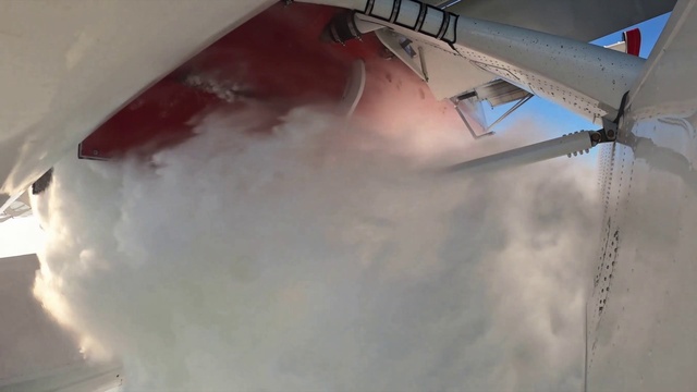 Video Reference: Cloud, Sky, Aircraft, Vehicle, Monoplane, Airplane, Aerospace manufacturer, Gas, Flap, Aviation