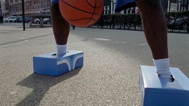 Video Reference: Basketball, White, Light, Blue, Ball, Sports equipment, Line, Wheel, Knee, Asphalt