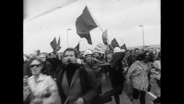 Video Reference: Sky, Flag, Black-and-white, Headgear, Hat, Monochrome photography, Event, Monochrome, Crowd, Rebellion