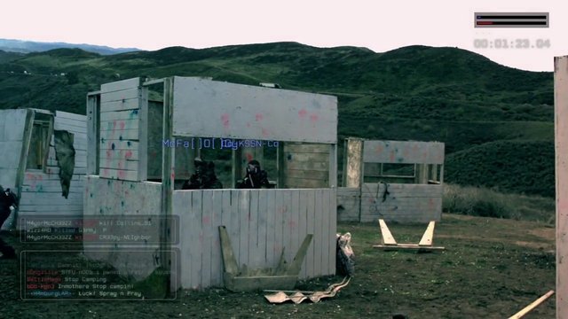Video Reference: paintball, outdoor field, bunkers, team game, protective gear, hills, wooden structures, action, sports, gaming, cover, recreation, players, landscape, arena