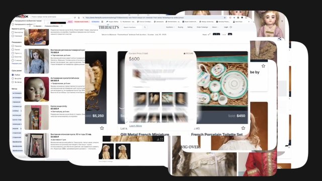 Video Reference: auction, doll, collectibles, antiques, browser, webpage, shopping, listing, vintage, porcelain, toy, collage, screen capture, product photos, mixed windows, online marketplace