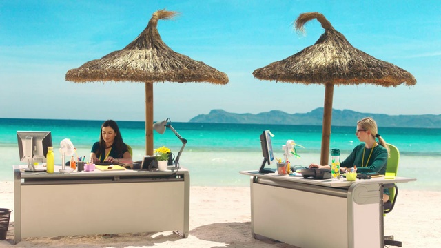 Video Reference: Water, Sky, Furniture, Table, Blue, Azure, Shade, Outdoor furniture, Arecales, Thatching