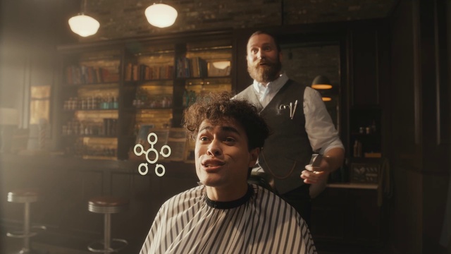 Video Reference: Flash photography, Smile, Facial hair, T-shirt, Event, Barber, Beard, Room, Fun, Crew cut