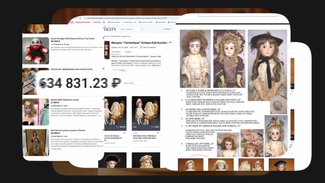 Video Reference: screen capture, web browser, auction, antique dolls, vintage dolls, doll listings, online marketplace, price overlay, webpage collage, collectibles, auction catalog, product images