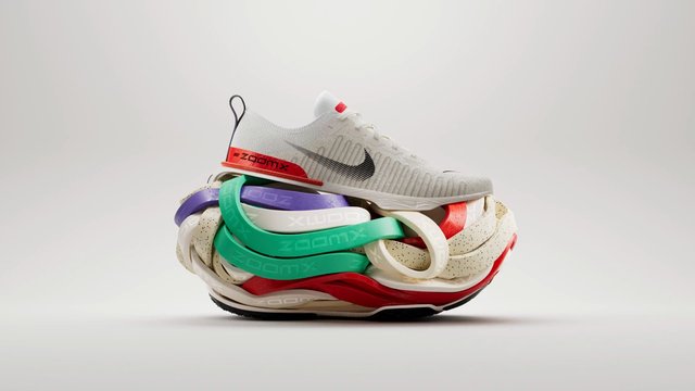 Video Reference: sneaker, shoe, athletic, sportswear, white background, product shot, stacked, looped bands, colorful, minimalist, studio, footwear, nike, running shoe, isolated, close-up