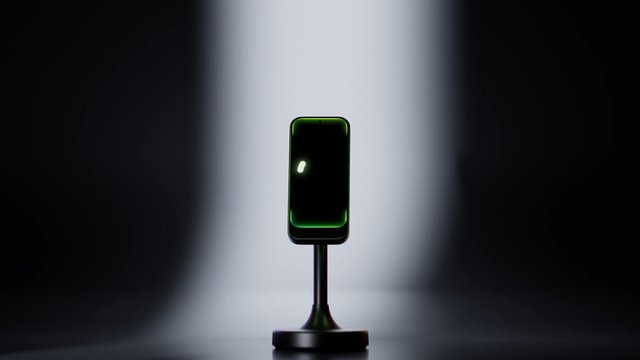 Video Reference: smartphone, device, stand, studio, spotlight, dark background, product shot, minimal, centered, technology, display, modern, isolated, 3d render
