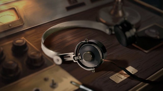 Video Reference: headphones, audio console, radio, vintage, wooden surface, dials, meter, close-up, electronics, warm light, retro, sound equipment, cable, instrument panel
